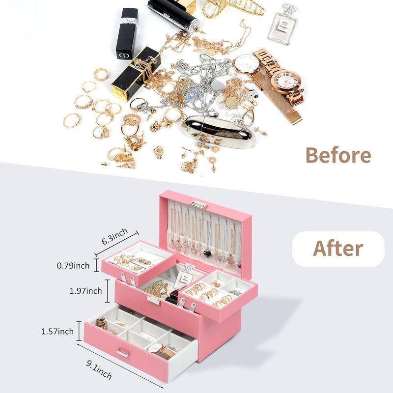 Dajasan Jewelry Box for Girls Women, PU Leather Jewelry Organizer Box, 3 Layers Jewelry Gift Box for Christmas, Valentine's Day, Birthday, Mother's Day (Pink) - Image 4