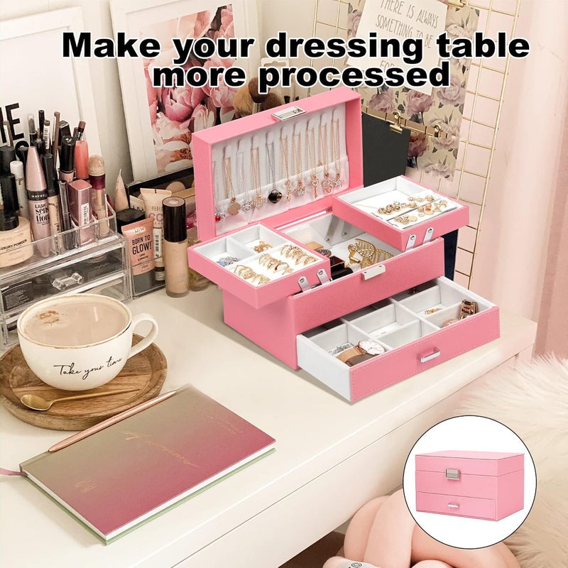 Dajasan Jewelry Box for Girls Women, PU Leather Jewelry Organizer Box, 3 Layers Jewelry Gift Box for Christmas, Valentine's Day, Birthday, Mother's Day (Pink) - Image 5