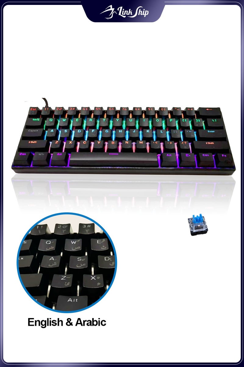 linkship 61 Keys Arabic-English Mechanical Gaming Keyboard, Hot-Swappable Blue Switches, 1000Hz Polling Rate & <1ms Response, RGB Backlit, Ergonomic for Windows/Mac (Black) - Image 1