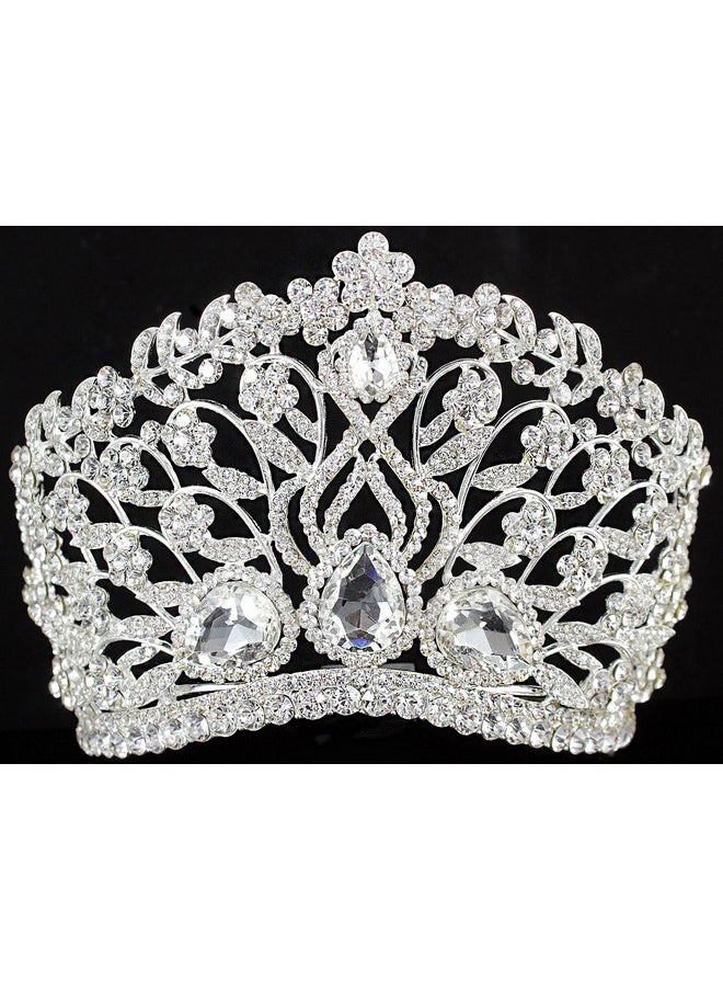 Janefashions Large Floral Clear White Austrian Rhinestone Crystal Tiara Crown With Hair Comb Headband Veil Headpiece Beauty Queen Princess Pageant Theater Show Bridal Silver T901  - Image 4