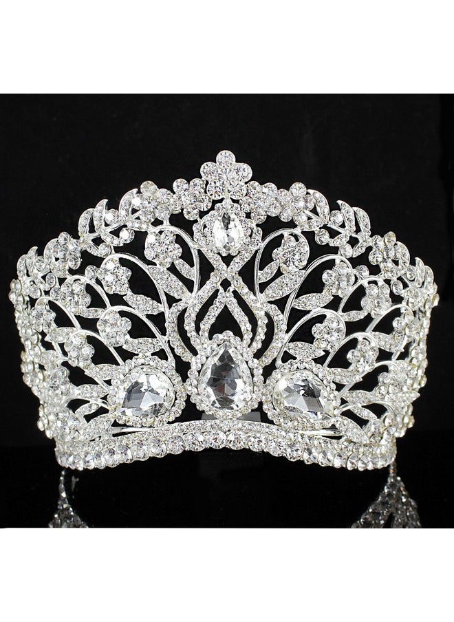 Janefashions Large Floral Clear White Austrian Rhinestone Crystal Tiara Crown With Hair Comb Headband Veil Headpiece Beauty Queen Princess Pageant Theater Show Bridal Silver T901  - Image 3