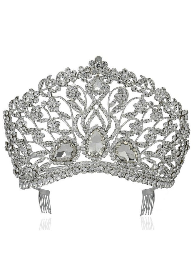 Janefashions Large Floral Clear White Austrian Rhinestone Crystal Tiara Crown With Hair Comb Headband Veil Headpiece Beauty Queen Princess Pageant Theater Show Bridal Silver T901  - Image 1