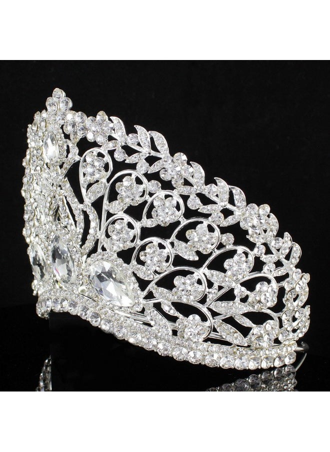 Janefashions Large Floral Clear White Austrian Rhinestone Crystal Tiara Crown With Hair Comb Headband Veil Headpiece Beauty Queen Princess Pageant Theater Show Bridal Silver T901  - Image 5