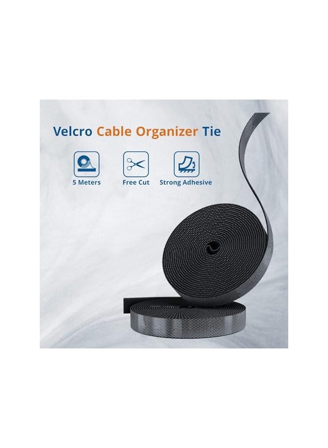 PROMASS 1 Roll 5M Cable Tidy Management Fastening Tape Sticky Strips Hook Loop Reusable Flexible Wire Ties Cable Organiser for Computer, TV, Power and Other Cables  - Image 2