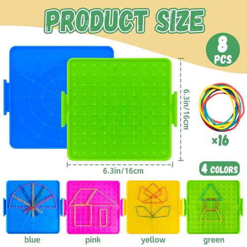 Oopsu 8 Pack Plastic Mathematical Manipulative Material Array Block Geo Board with 80 Latex Bands for Kids(4 Colors) - Image 2