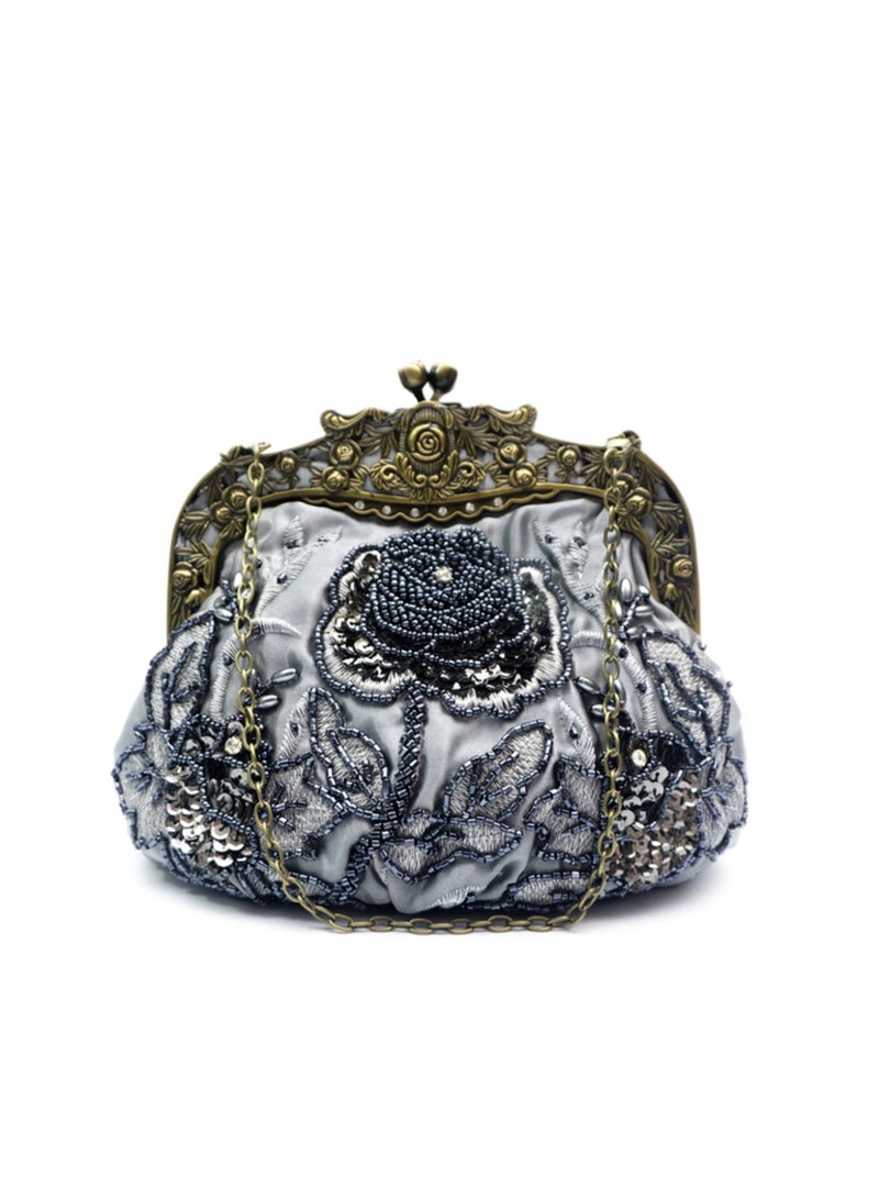 Women's Handbag Vintage Beaded Bag Women's Handbag With Flower Decorated Women's Clutch Evening Bag Shoulder Bag with Removable Chain Perfect for Weddings, Ramadan, Birthdays,Prom Party,Gift For Woman Girl Mother Teacher - Image 4