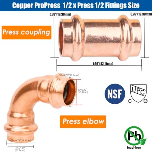 WHK 12 Copper Press Pro press x 12 Pro Press Coupling Adater Fittings 8 Packs with 90 Degree Elbow 4 Packs use for Connect From Cooper to Cooper PipeLeadFreeNo Stop - Image 3