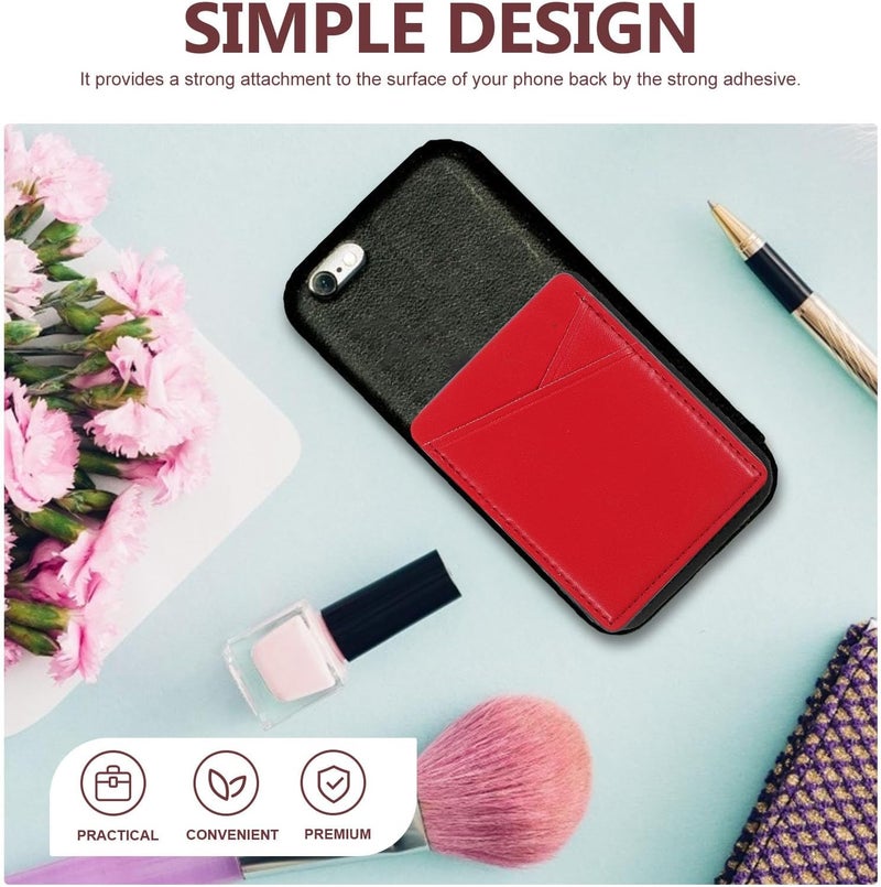 2pcs Pu Leather Adhesive Phone Wallet Attachment with Credit Card Holder Stick-on Back, Small Phone Pocket for Travel, Red Leather - Image 3
