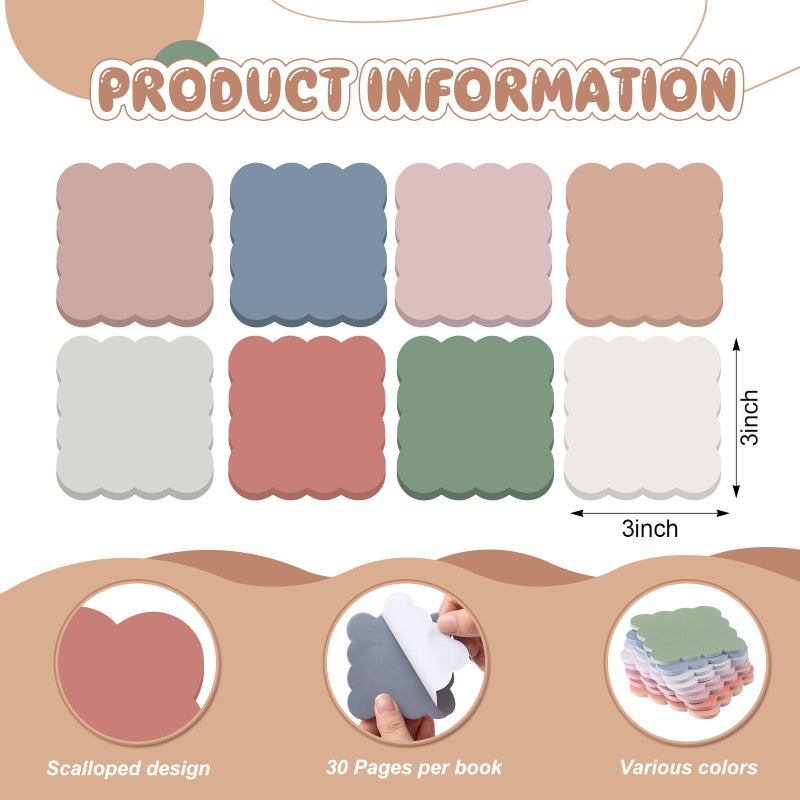 Eaasty 8 Pack Scalloped Sticky Notes Bulk Cute Wavy Self Sticky Note Pads Colorful Vintage Note Pads or School Office Supplies 240 Sheet(3" X 3",Vintage Color) - Image 5