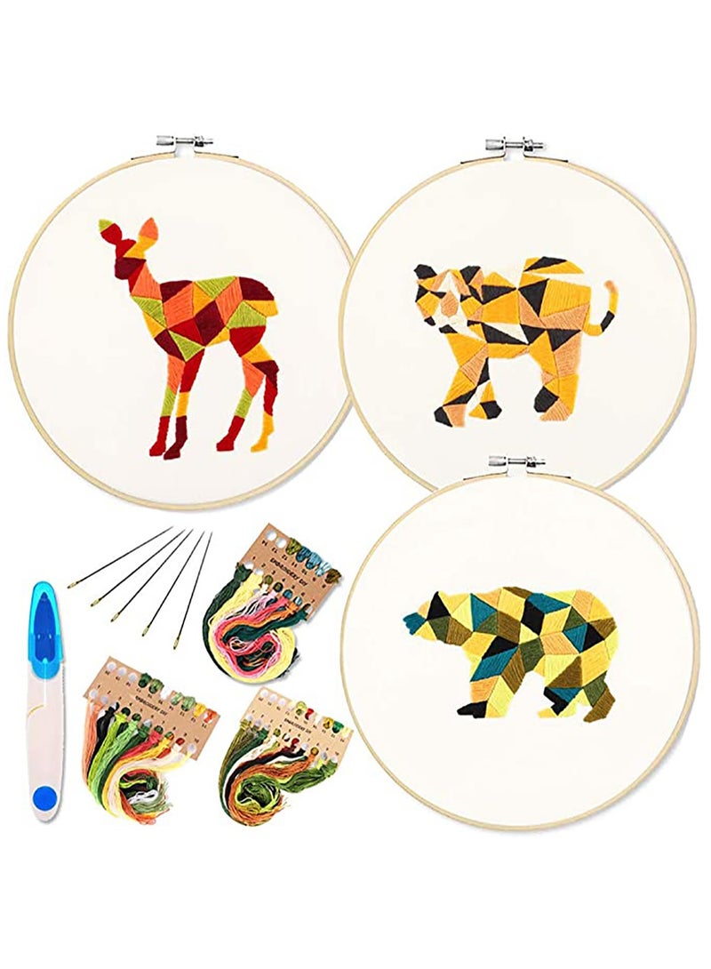 Excefore Embroidery Starter Kit with Pattern and Instructions, 3 Sets Cross Stitch Kit Include Embroidery Clothes, 3 Bamboo Circle, Color Threads and 1 Blue Scissors  - Image 1