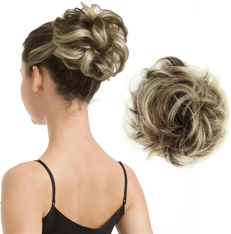 بارسدار كعكة شعر بشري، قطعة شعر كعكة شعر بشرية حقيقية للنساء، قطع شعر كعكة حقيقية مبرزة بشريط مطاطي، شنيونات تصفيفة عالية، إضافات شعر كعكة، يومي - بني متوسط وشقراء فاتحة - Image 1