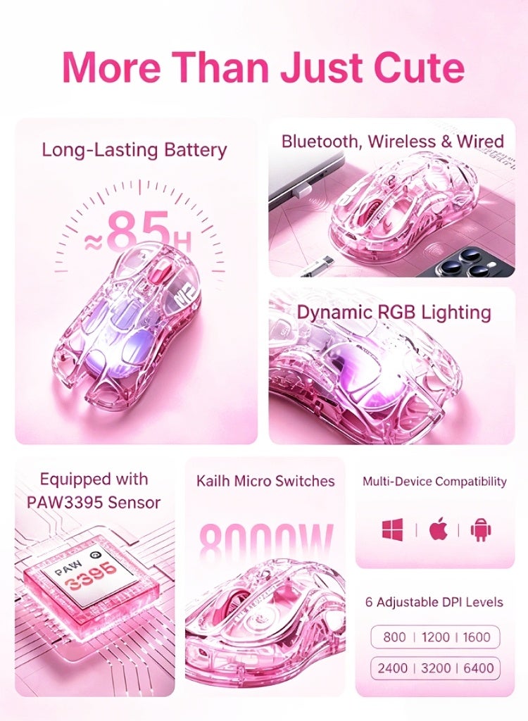 جرافا ستار ماوس الألعاب اللاسلكي Mercury M2، مستشعر PAW3395DM، يعمل لمدة تصل إلى 82 ساعة بعد شحنه لمدة 1.5 ساعة، تسارع أقصى يبلغ 650 IPS، حساسية عالية الدقة تبلغ 26000 DPI، لون «كريستال روز» - Image 5