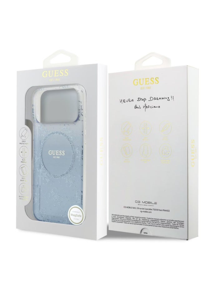 جس جراب Guess MagSafe المصنوع من البولي كربونات والبولي يوريثان الحراري مع بريق متدرج لهاتف iPhone 17 Pro Max، حماية من السقوط، تصميم رفيع، قبضة مريحة، تغليف مستدام، سهل التركيب، تصميم خفيف الوزن - أزرق - Image 4