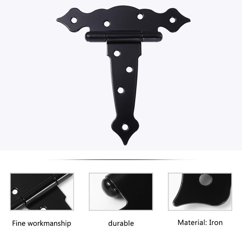 3pcs Black Painted T-Shape Gate Strap Hinges Rustproof Iron Door Hinge for Wooden Fences and Gates, Decorative Outdoor Hardware for Shed and Barn Doors - Image 3