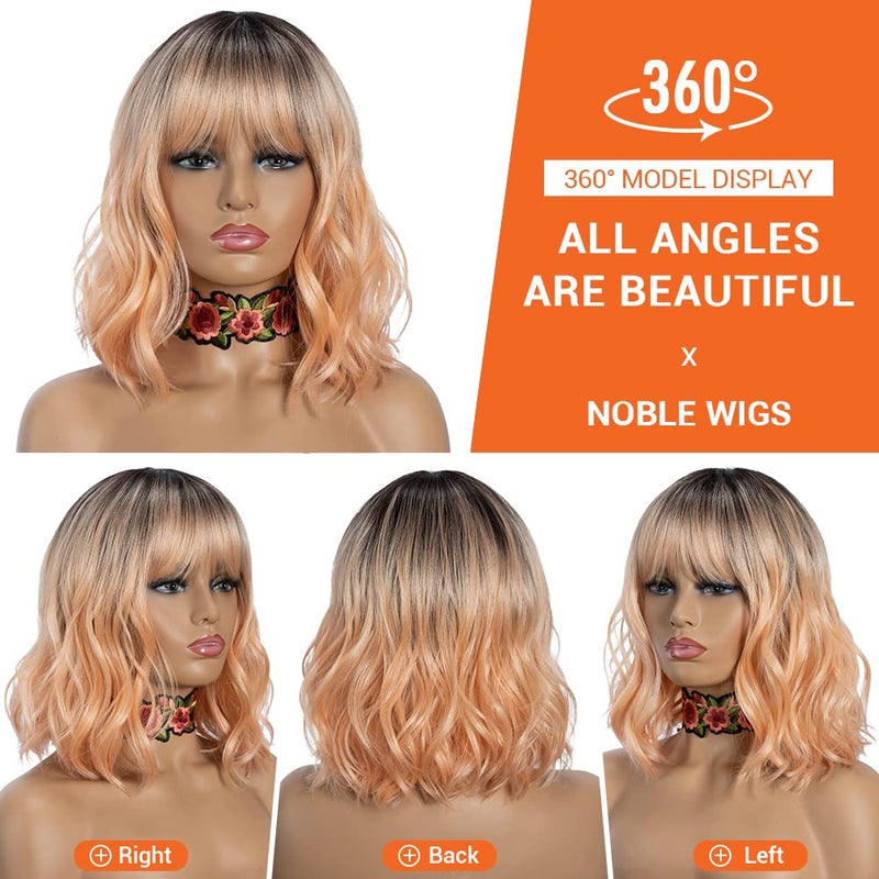 NOBLE Pink Orange Wig for Women Peach Wig with Bangs Ombre Bob Curly Wigs with Air Bangs Synthetic Short Wavy Wigs with Bangs Heat Resistant Synthetic Daily Party Cosplay Costume Wigs - Image 3
