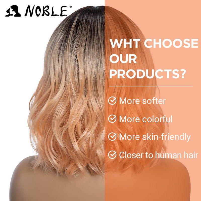 NOBLE Pink Orange Wig for Women Peach Wig with Bangs Ombre Bob Curly Wigs with Air Bangs Synthetic Short Wavy Wigs with Bangs Heat Resistant Synthetic Daily Party Cosplay Costume Wigs - Image 4