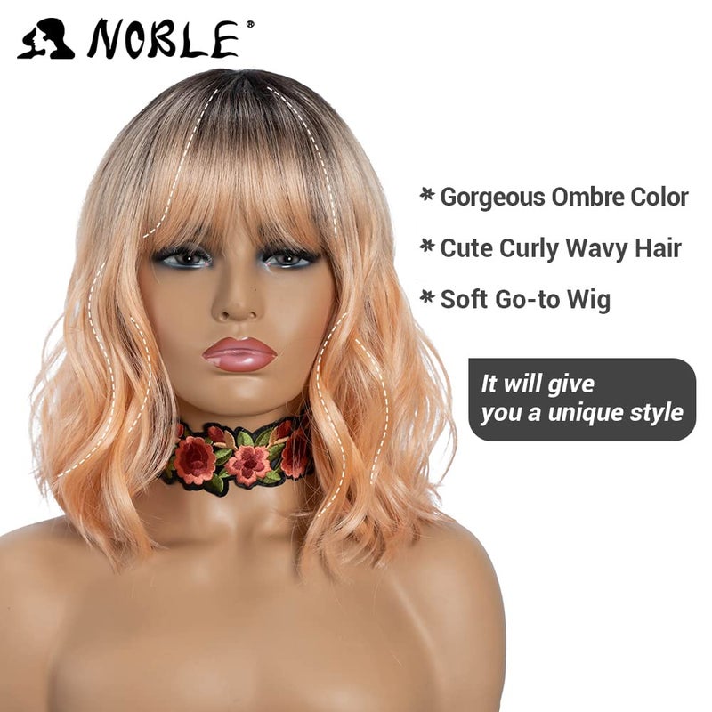 NOBLE Pink Orange Wig for Women Peach Wig with Bangs Ombre Bob Curly Wigs with Air Bangs Synthetic Short Wavy Wigs with Bangs Heat Resistant Synthetic Daily Party Cosplay Costume Wigs - Image 5