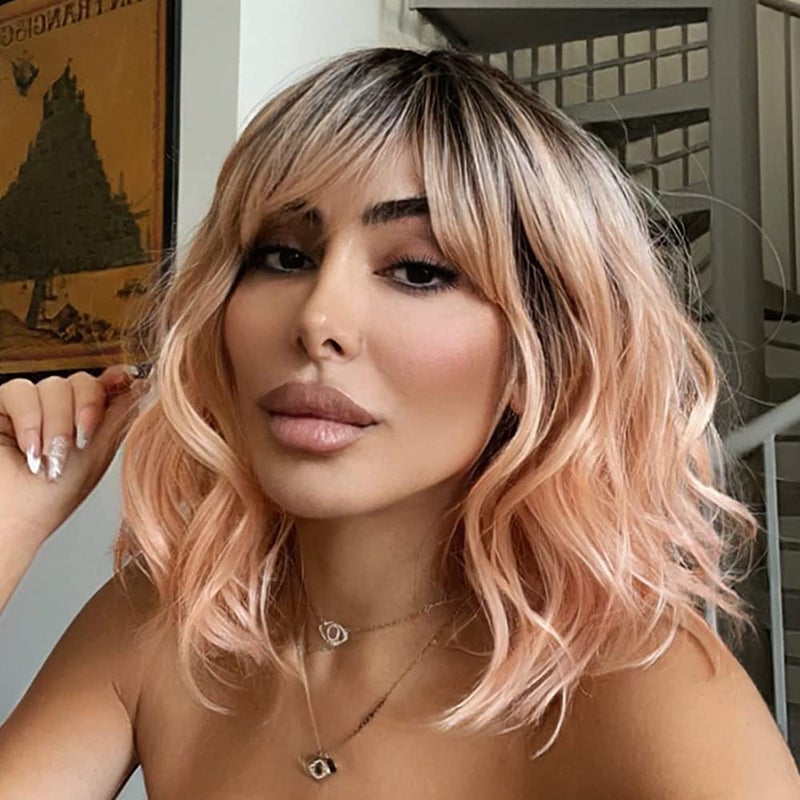 NOBLE Pink Orange Wig for Women Peach Wig with Bangs Ombre Bob Curly Wigs with Air Bangs Synthetic Short Wavy Wigs with Bangs Heat Resistant Synthetic Daily Party Cosplay Costume Wigs - Image 1