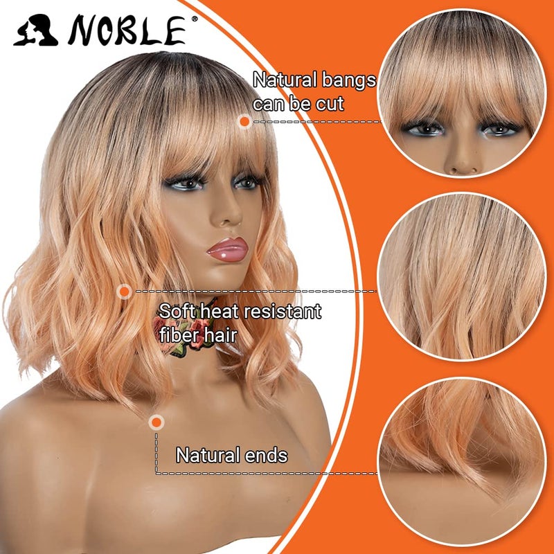 NOBLE Pink Orange Wig for Women Peach Wig with Bangs Ombre Bob Curly Wigs with Air Bangs Synthetic Short Wavy Wigs with Bangs Heat Resistant Synthetic Daily Party Cosplay Costume Wigs - Image 2
