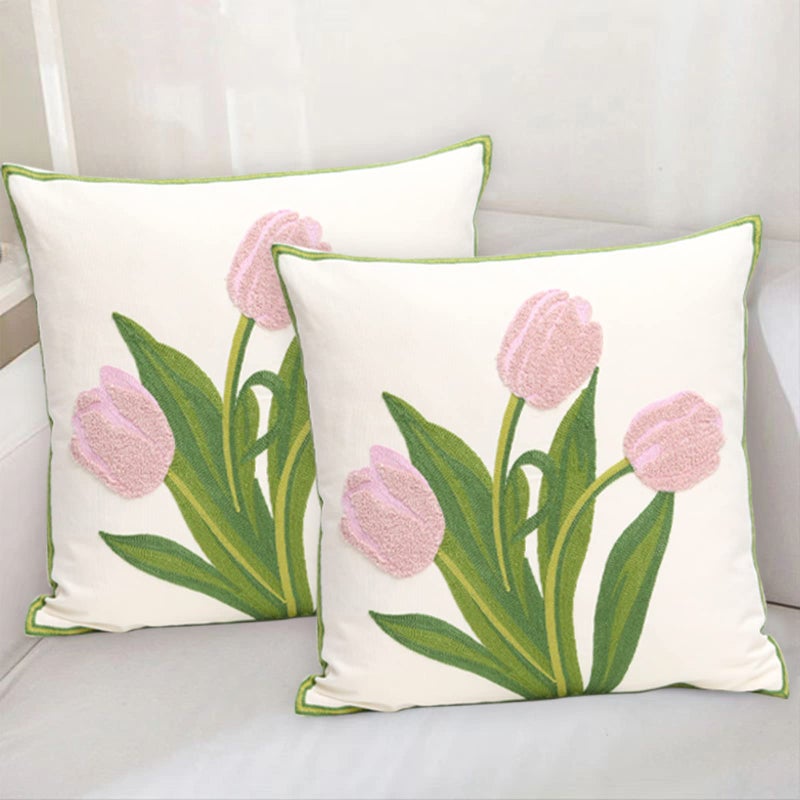 Pilmandu Pack of 2 Embroidered Decorative Throw Pillow Cover 18x18 Inch Farmhouse Floral Pillowcase for Living Room Sofa Bed (Pink Tulip) - Image 3