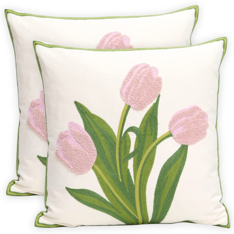 Pilmandu Pack of 2 Embroidered Decorative Throw Pillow Cover 18x18 Inch Farmhouse Floral Pillowcase for Living Room Sofa Bed (Pink Tulip) - Image 1