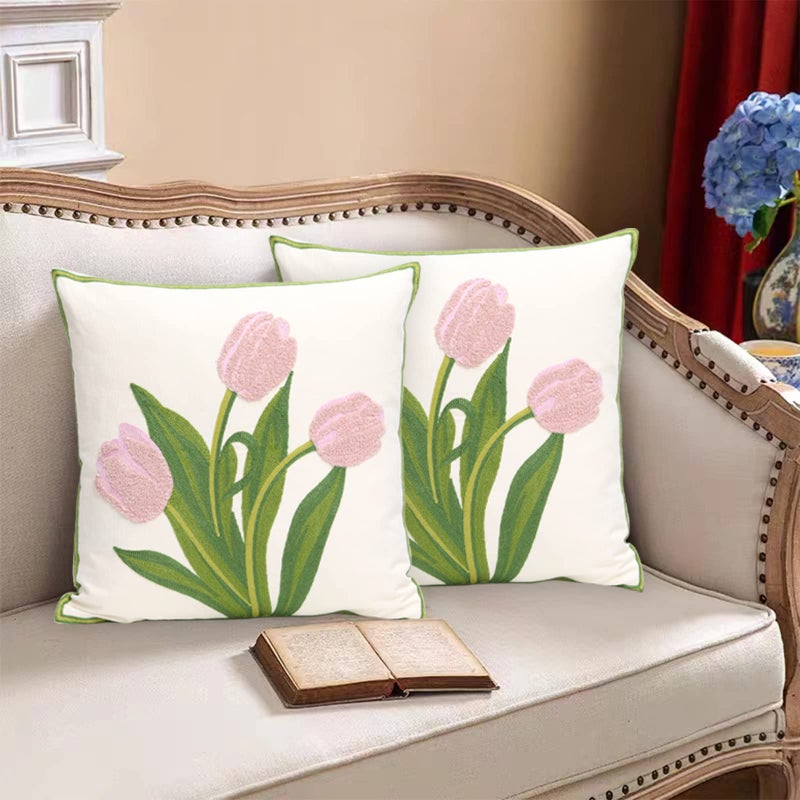 Pilmandu Pack of 2 Embroidered Decorative Throw Pillow Cover 18x18 Inch Farmhouse Floral Pillowcase for Living Room Sofa Bed (Pink Tulip) - Image 2