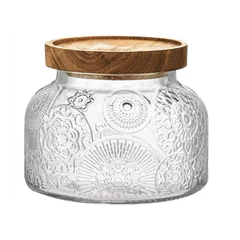 ANSQU Vintage Glass Food Storage Jar Glass Jar with Wooden Lid 254 FL OZ Decorative Glass Jar for Home Kitchen Holds Coffee Candy Cookie Sugar Large Flower