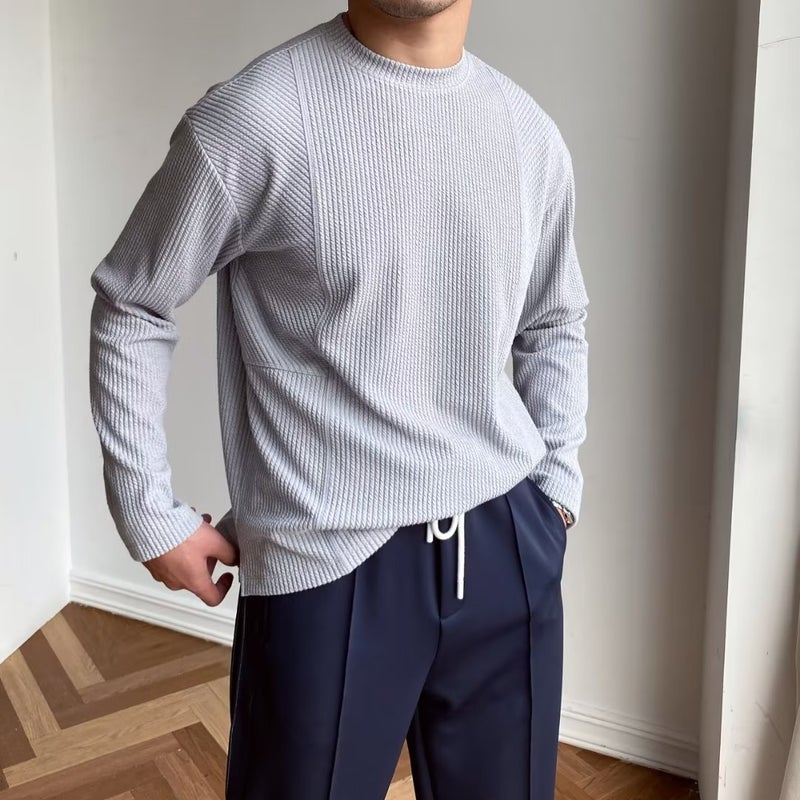 Waffles Textured T-Shirt Men'S Crewneck Slim-Fit Long-Sleeved Breathable Fitness Training Clothing Pit Striped Sports Top Trendy - Image 3