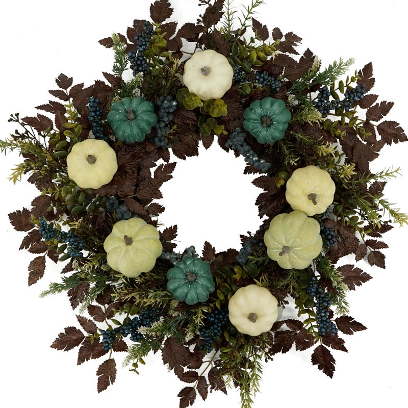 AMF0RESJ Fall Wreaths for Front Door 24" Thanksgiving Autumn Wreath with Pumpkins,Cimicifuga Plant Leaves,Berry for Front Door Indoor Outdoor Farmhouse Home Porch Window Festival Wedding Decoration - Image 1
