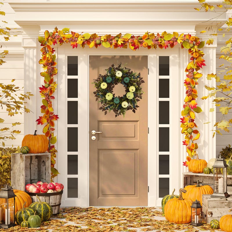 AMF0RESJ Fall Wreaths for Front Door 24" Thanksgiving Autumn Wreath with Pumpkins,Cimicifuga Plant Leaves,Berry for Front Door Indoor Outdoor Farmhouse Home Porch Window Festival Wedding Decoration - Image 2