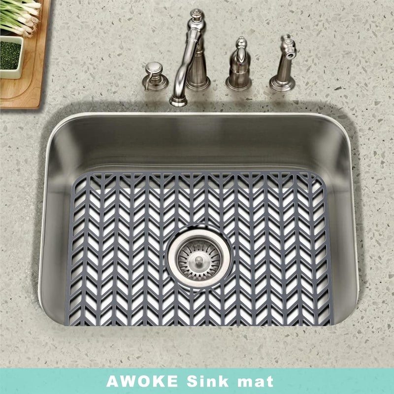 AWOKE Sink Protectors for Kitchen, AWOKE 18.2''x 12.5'' Folding Non-slip Sink Mat Grid for Bottom of Farmhouse Stainless Steel Porcelain Sink with Center Drain (Grey) - Image 3