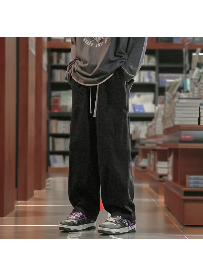 Homlean Style Literary Casual Pants For Men, Autumn Niche Trendy Straight-leg Cargo Trousers Hg01 Black S - Image 2