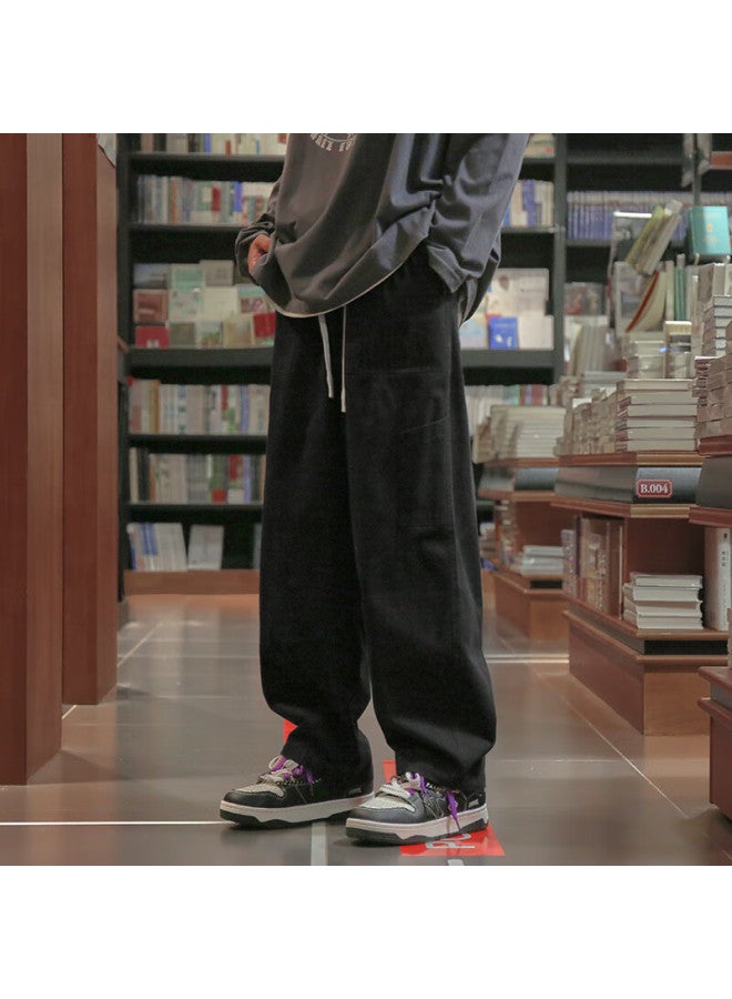 Homlean Style Literary Casual Pants For Men, Autumn Niche Trendy Straight-leg Cargo Trousers Hg01 Black S - Image 4