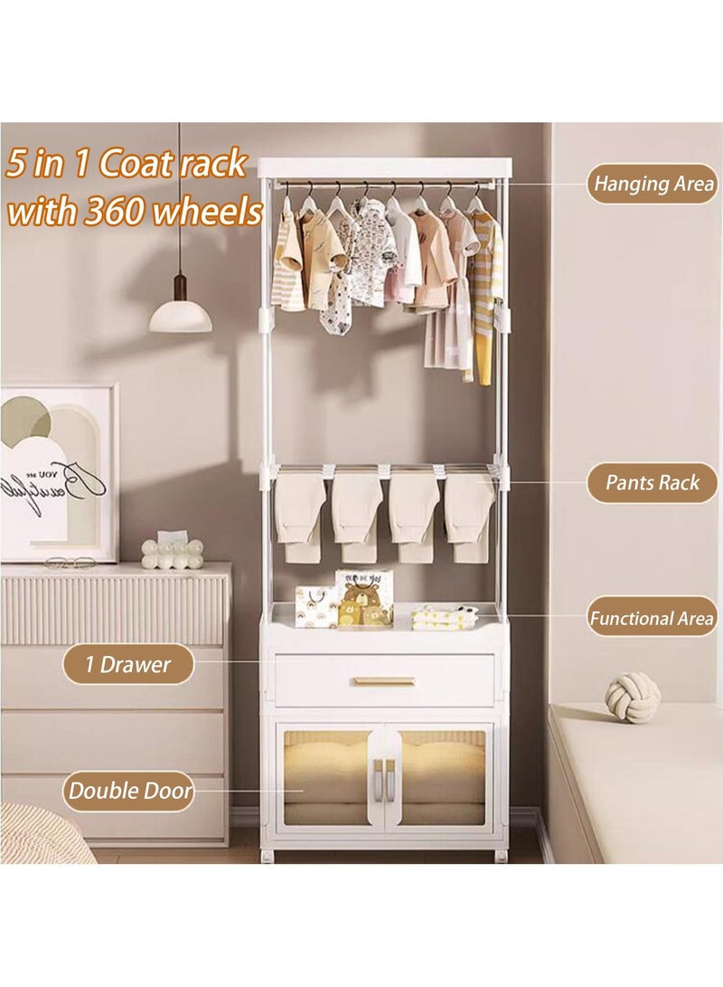 XiuWoo Multi-functional Tall Clothes Rack Storage Cabinets Plastic Foldable Wardrobe Garment Rack Shelves Stand Dresser Clothes Drying Hanging Rack Drawer with Wheels for Shirts Jackets Pants  - Image 4