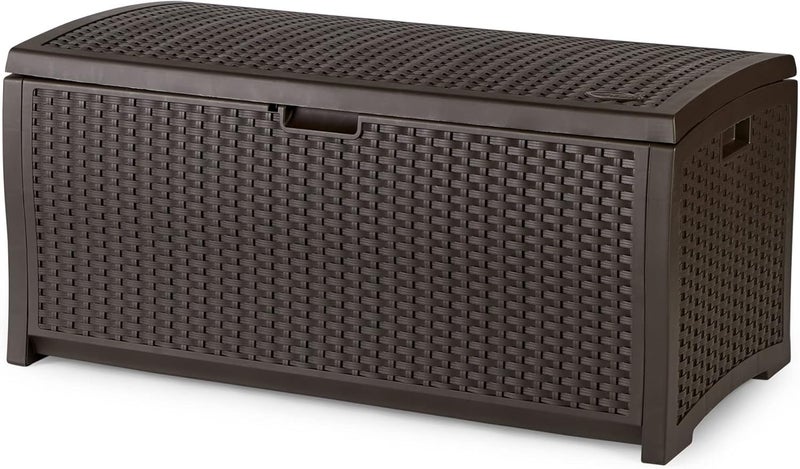 suncast Suncast 73Gallon Medium Deck Box  Lightweight Resin IndoorOutdoor Storage Container and Seat for Patio Cushions and Gardening Tools  Store Items on Garage Yard  Mocha Brown  - Image 1