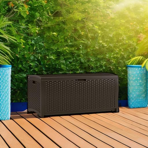 suncast Suncast 73Gallon Medium Deck Box  Lightweight Resin IndoorOutdoor Storage Container and Seat for Patio Cushions and Gardening Tools  Store Items on Garage Yard  Mocha Brown  - Image 5