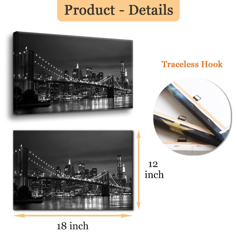 Pacimo Wall Art for Living Room Brooklyn Bridge Modern Wall Decor for Bedroom Office Decor New York Cityscape Painting Framed Canvas Art Prints Black and White Wall Pictures for Home Decor 12"x18" - Image 5