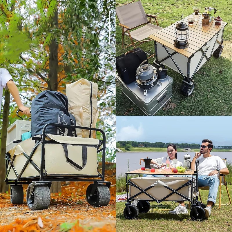 Antole Folding Wagon Cart Trolley Wagon Cart with Foldable Aluminum Table Plate,Large Capacity Beach Wagon with Big All-Terrain Beach Wheels,150L Large Capacity,Outdoor Garden Cart Foldable Wagon - Image 5