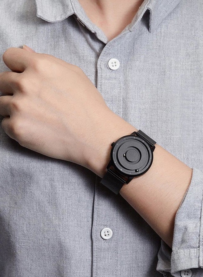 يوتور {"en":"Men's Magnetic Watch No Glass Ball Bearing Quartz Wrist Watches with Black Stainless Steel Strap - Image 2