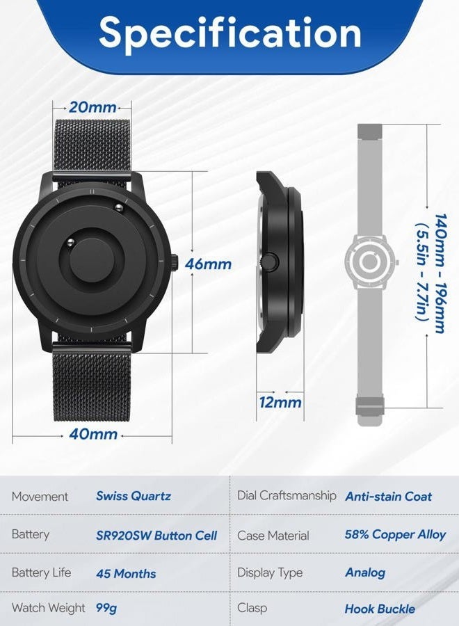 يوتور {"en":"Men's Magnetic Watch No Glass Ball Bearing Quartz Wrist Watches with Black Stainless Steel Strap - Image 4