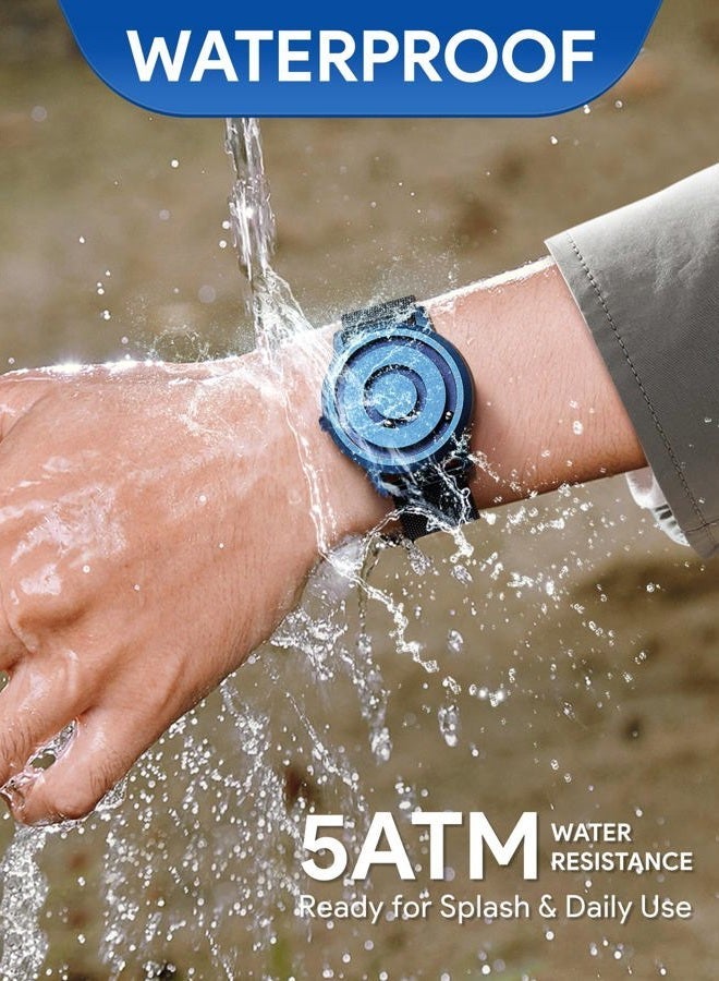 يوتور {"en":"Men's Magnetic Watch No Glass Ball Bearing Quartz Wrist Watches with Black Stainless Steel Strap - Image 5