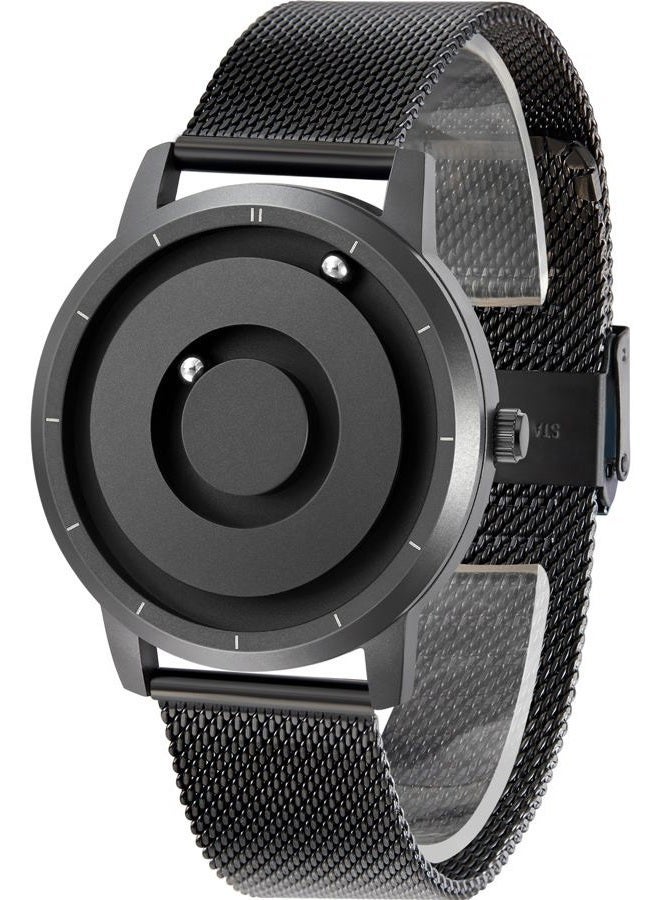 يوتور {"en":"Men's Magnetic Watch No Glass Ball Bearing Quartz Wrist Watches with Black Stainless Steel Strap - Image 1