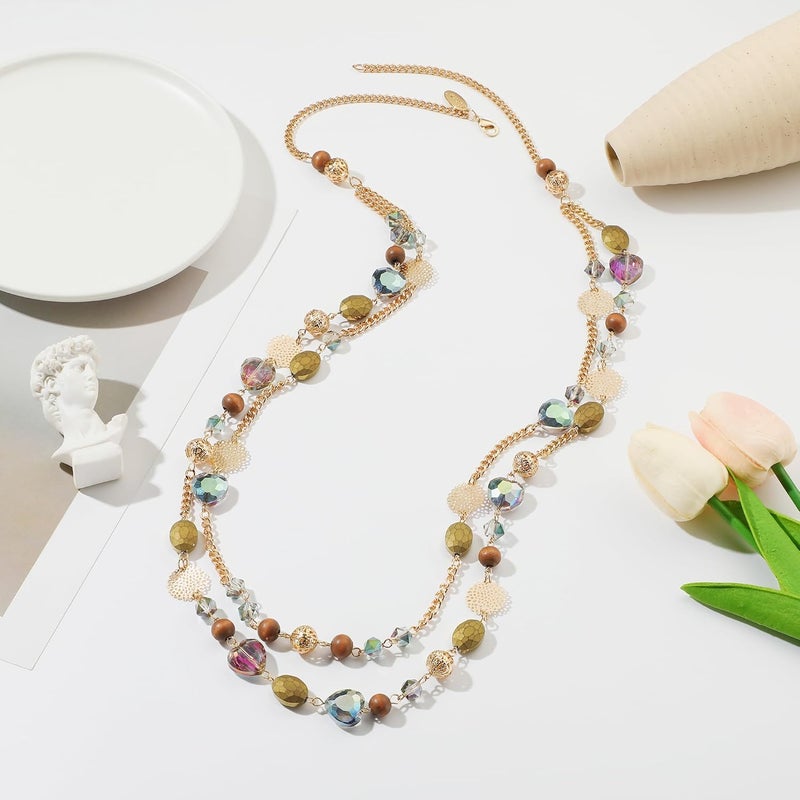 Bocar Long Necklaces for Women Trendy, Boho Layered Crystal Beaded Collar Necklaces for Women, Fashion Statement Necklaces Jewelry - Image 3