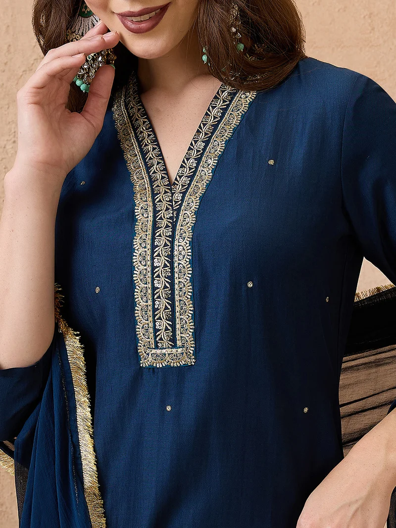 globus Women Sequin Lace Detail V-Neck Straight Kurta With Sharara & Dupatta Festive Set