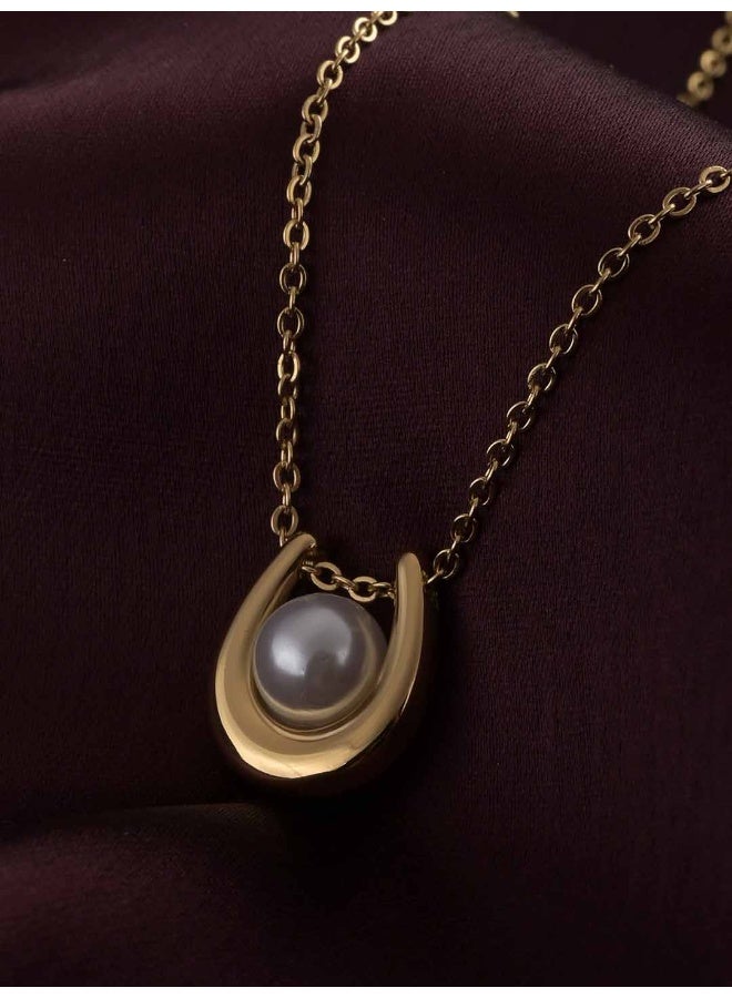 PALMONAS 18k Gold Tone Plated Pearl Embellished U Necklace
 for Women - Image 2