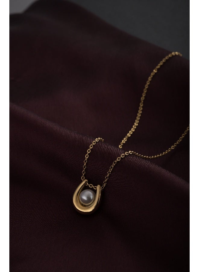 PALMONAS 18k Gold Tone Plated Pearl Embellished U Necklace
 for Women - Image 3