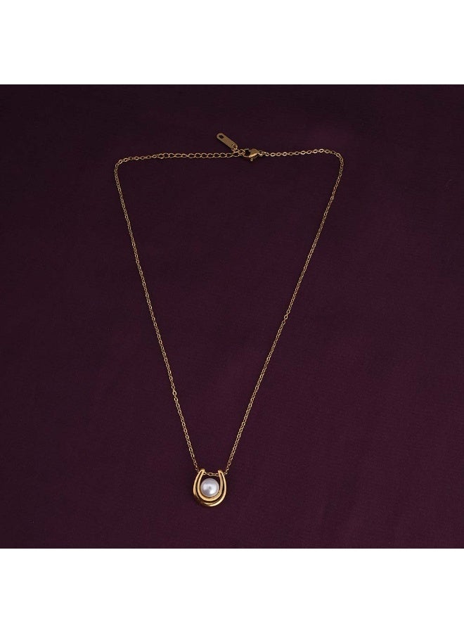 PALMONAS 18k Gold Tone Plated Pearl Embellished U Necklace
 for Women - Image 4