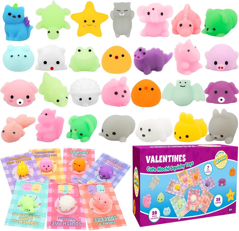 SURCVIO 28 Pack Valentines Day Gift Cards for kids with Animal Squishy Toy Valentines Party Favor Kawaii Mochi Squishy Toys with Cards Stress Relief Fidget Toy for Kids Classroom Exchange Prizes - Image 3