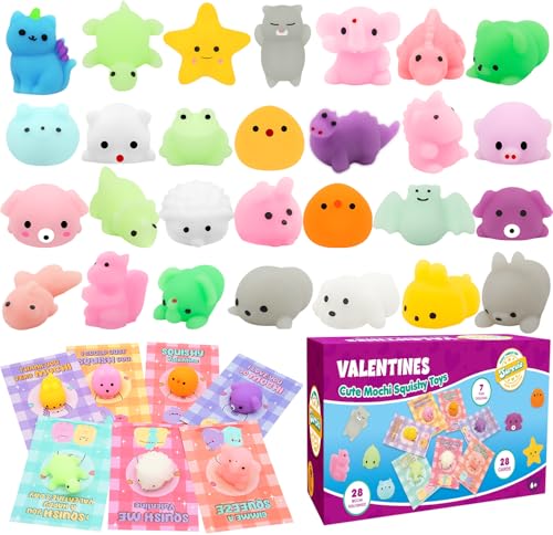SURCVIO 28 Pack Valentines Day Gift Cards for kids with Animal Squishy Toy Valentines Party Favor Kawaii Mochi Squishy Toys with Cards Stress Relief Fidget Toy for Kids Classroom Exchange Prizes - Image 1