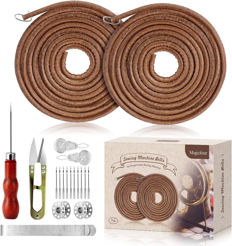 Magicfour Treadle Sewing Machine Belt for Singer/Jones, 2 Pack 71" 3/16" Leather Belt with Hook for Treadle Sewing Machine, Accessories Included - Image 1